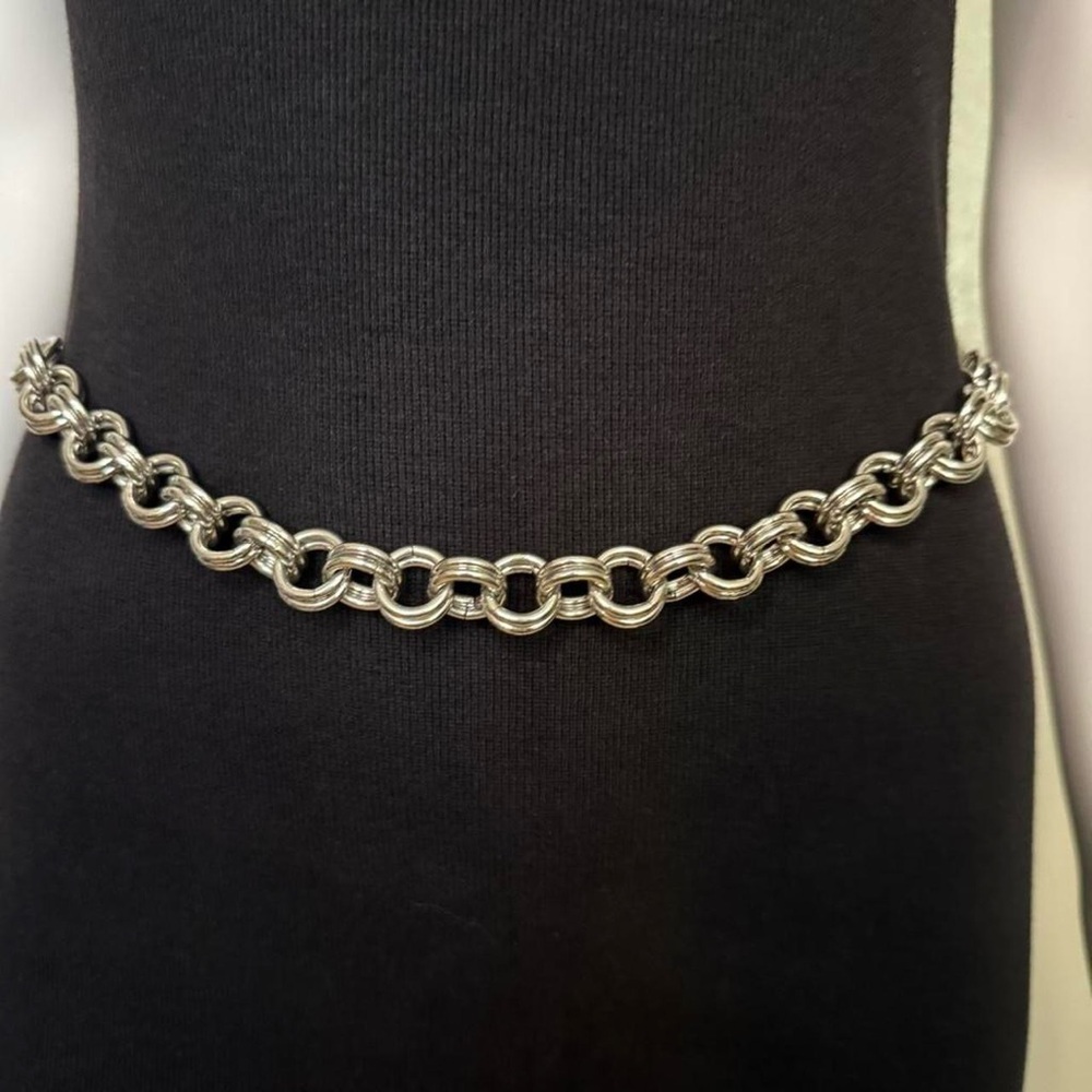 Silver tone metallic skinny chain belt